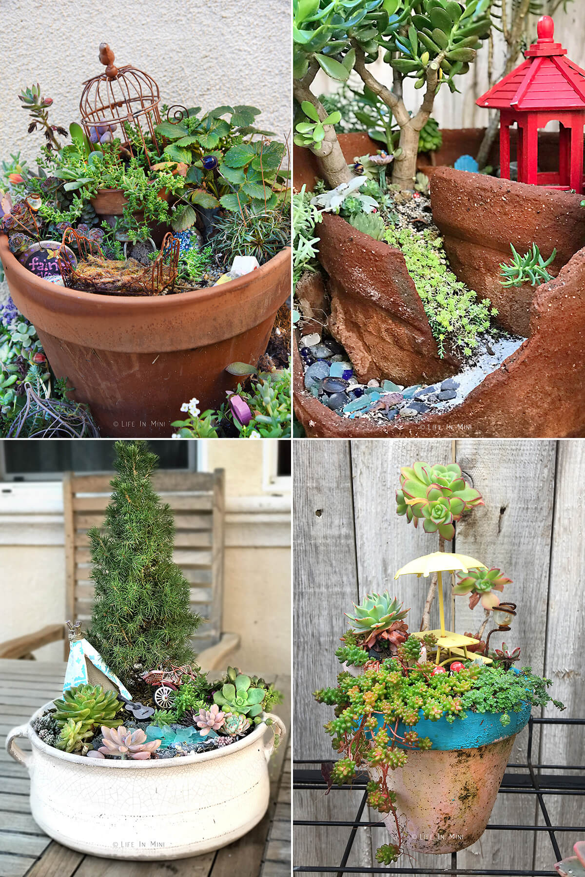 Collage showing 4 different fairy gardens.