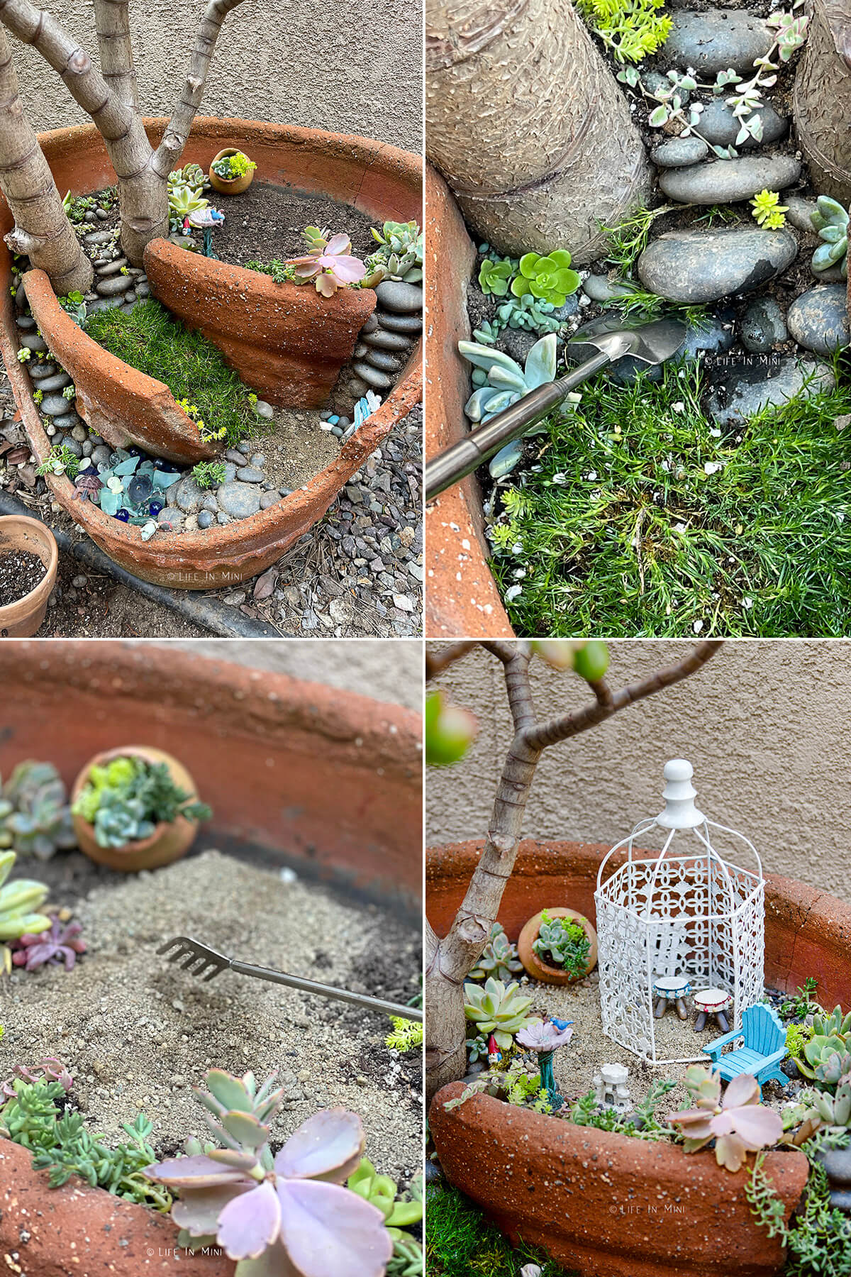 Collage of four images showing how to add structural elements and plants for a fairy garden using a broken pot.