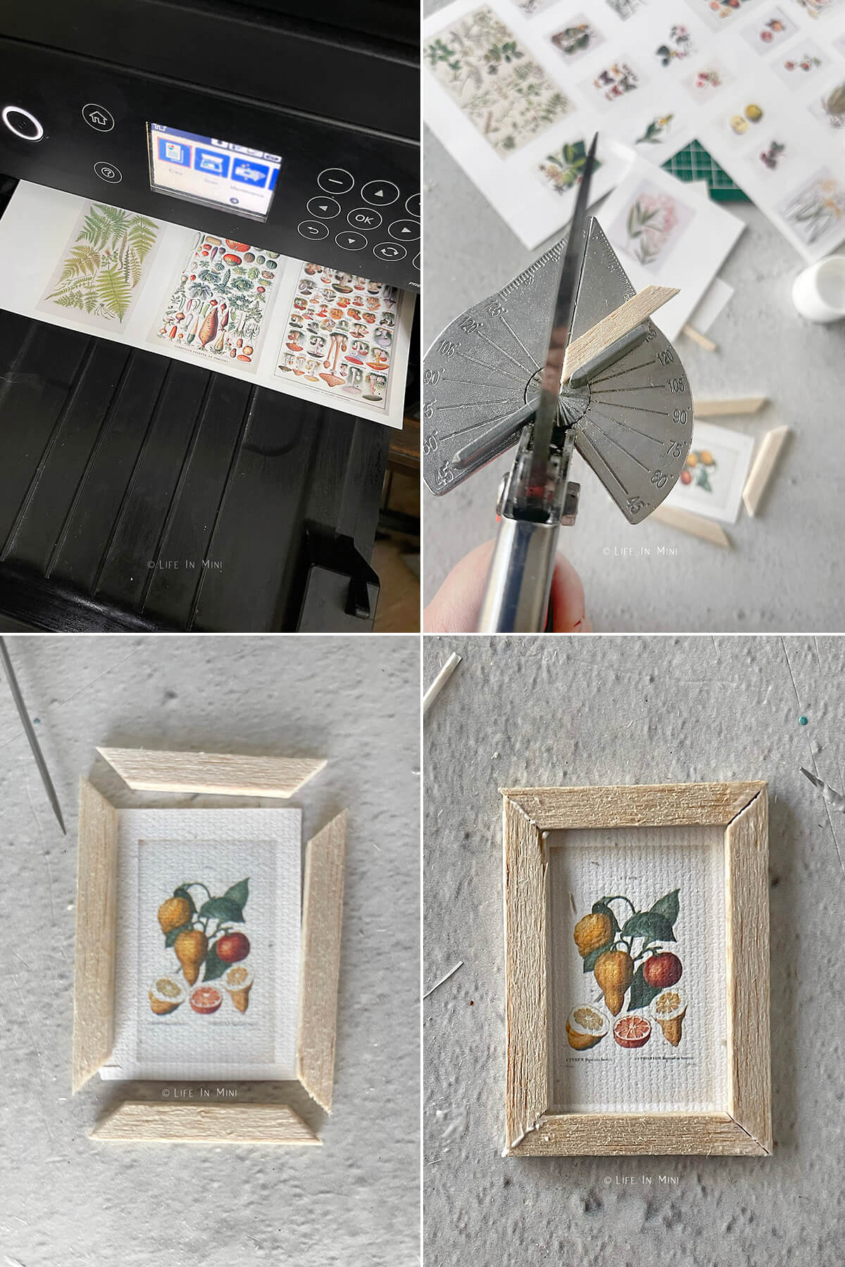 Collage of four images showing how to print and make frames for dollhouses.