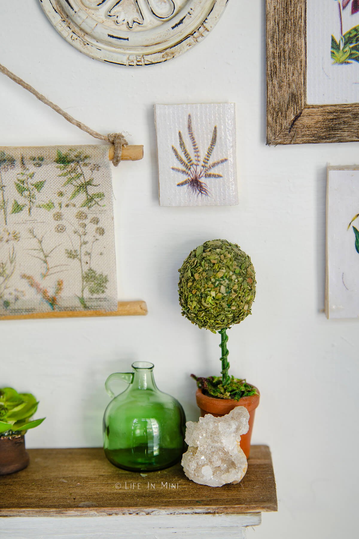 Closeup of a miniature scene with a small topiary, crystal and green bottle with various botanical prints on the wall