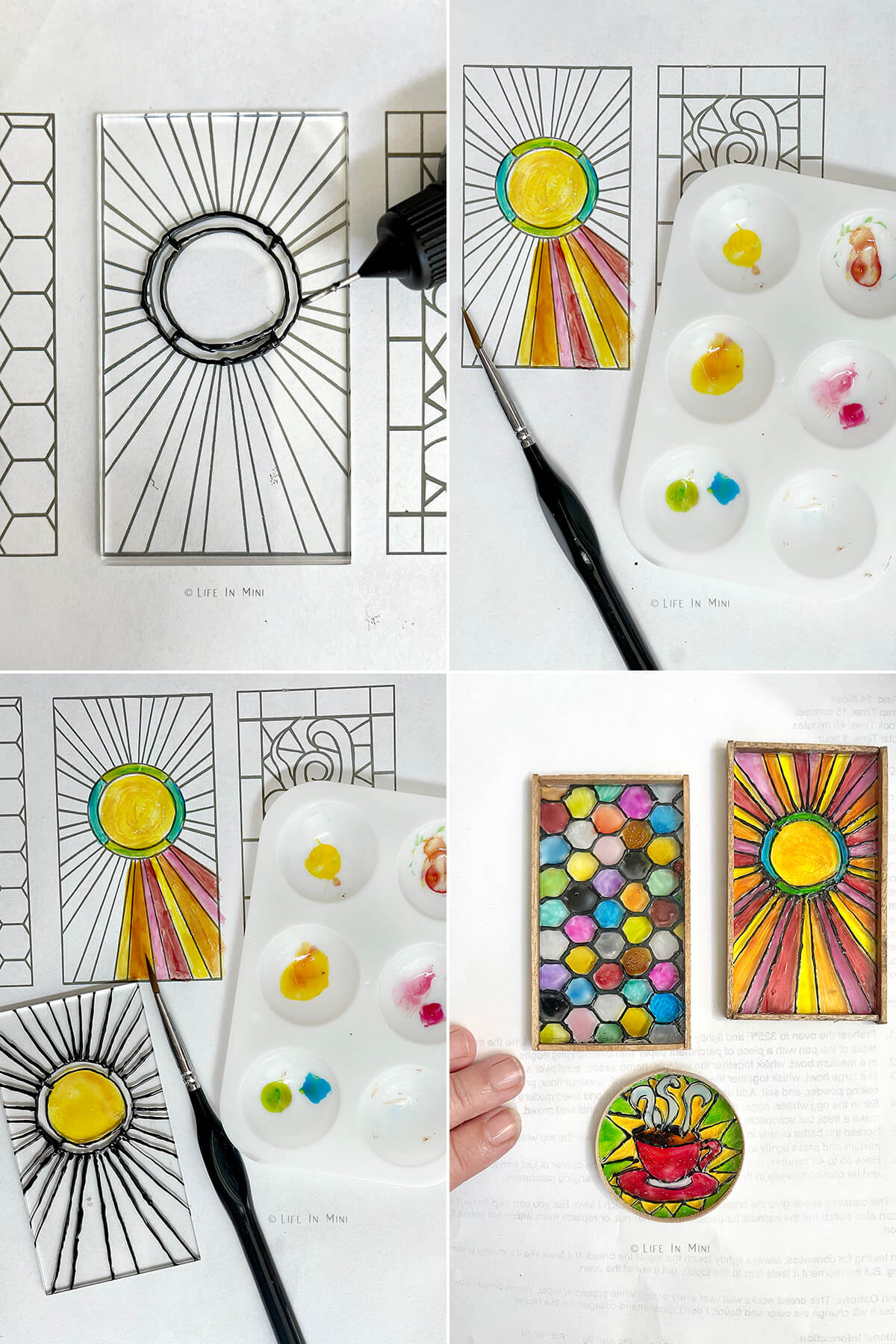Collage of four images showing how to make miniature stained glass windows for dollhouses.