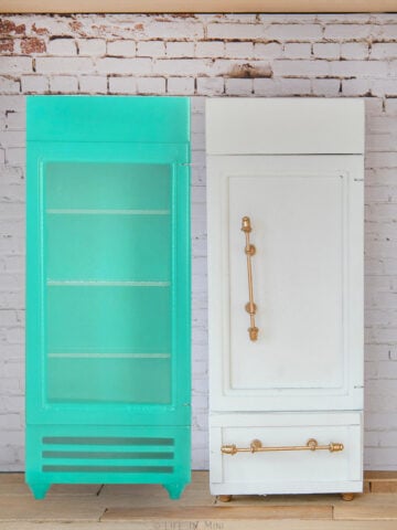 Before and after showing a green plastic dollhouse refrigerator next to a white and gold refinished one.