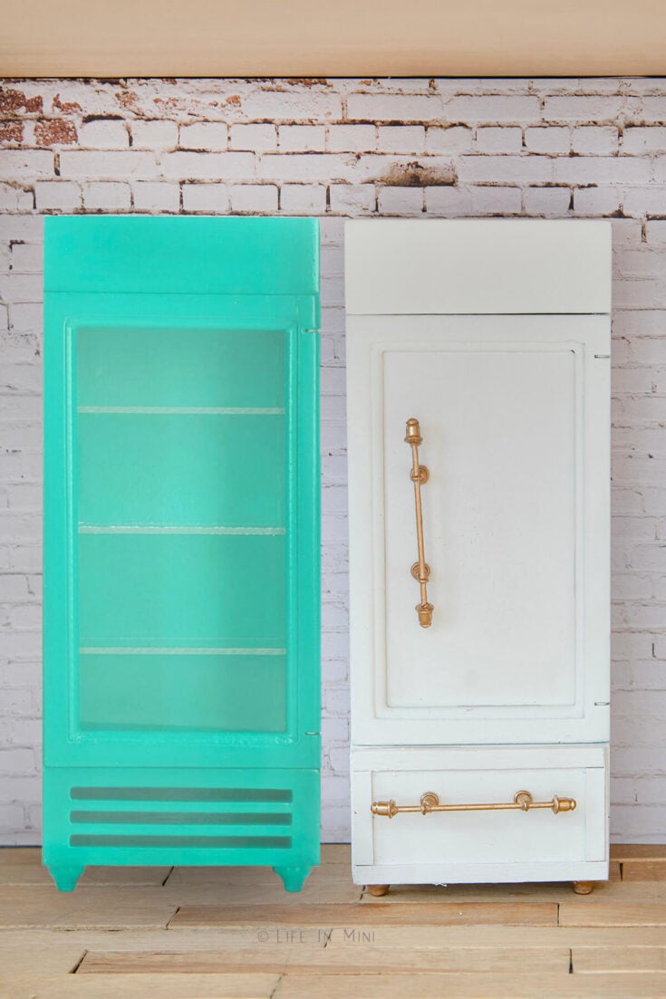 Before and after showing a green plastic dollhouse refrigerator next to a white and gold refinished one.