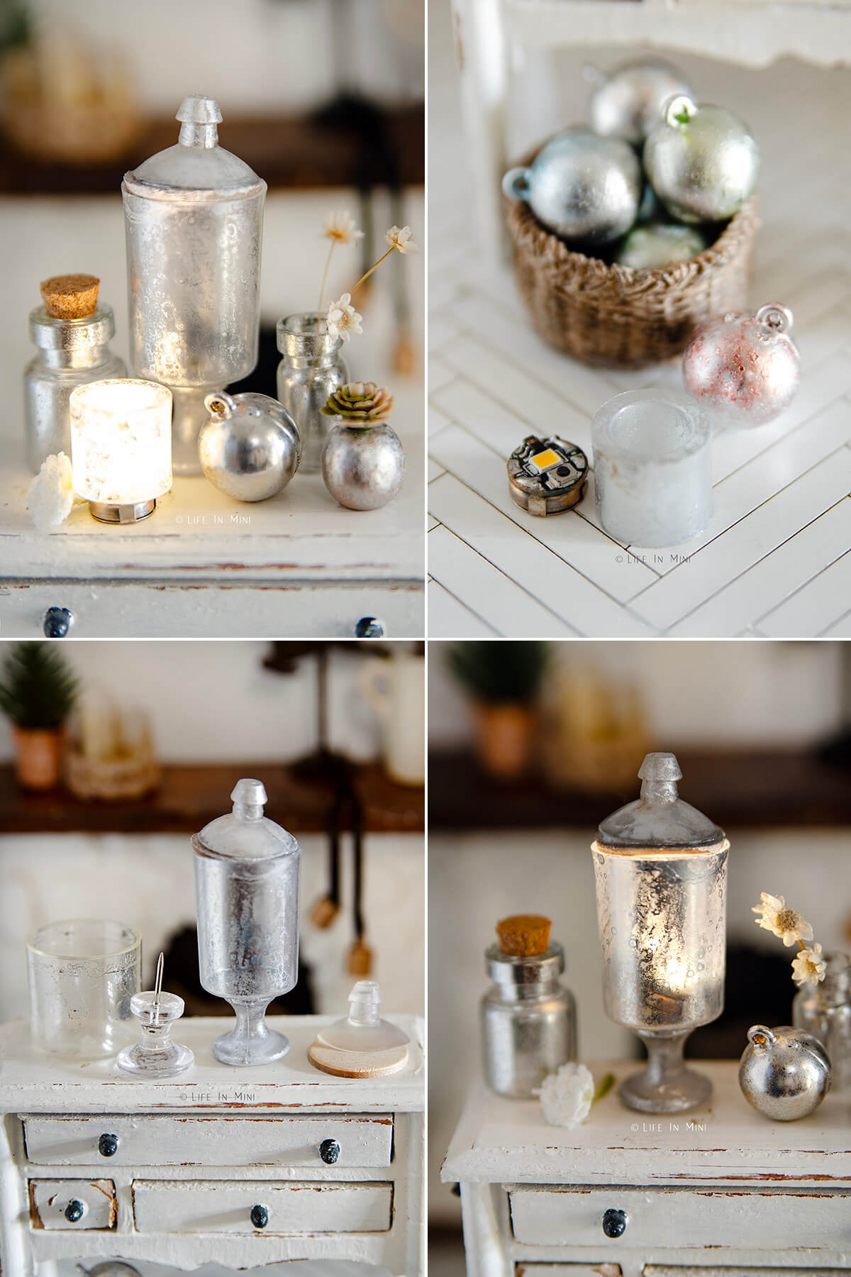 Collage of four images showing different mercury glass miniatures, including a little light.