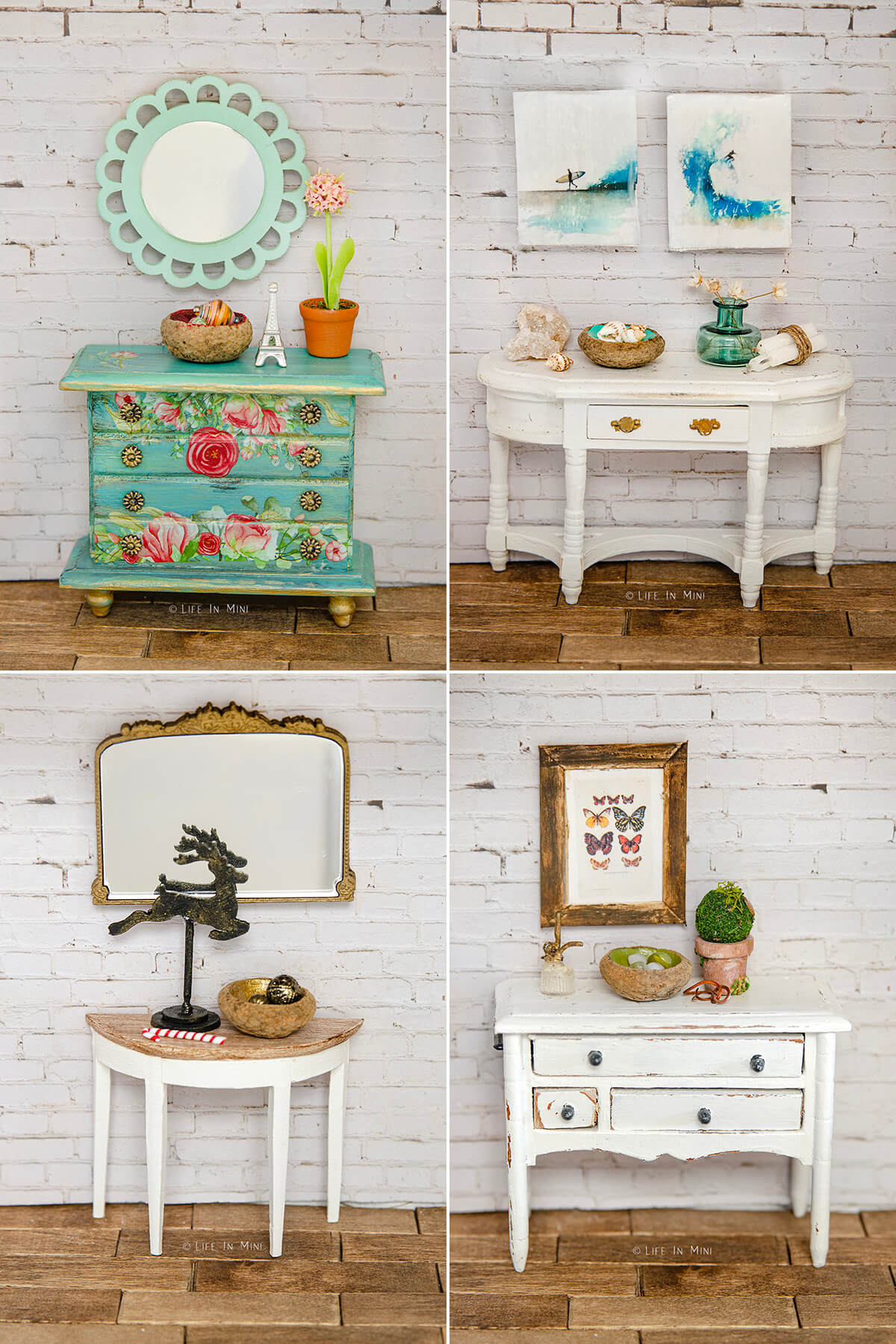 Collage of different dollhouse tables with various miniature accessories on them.