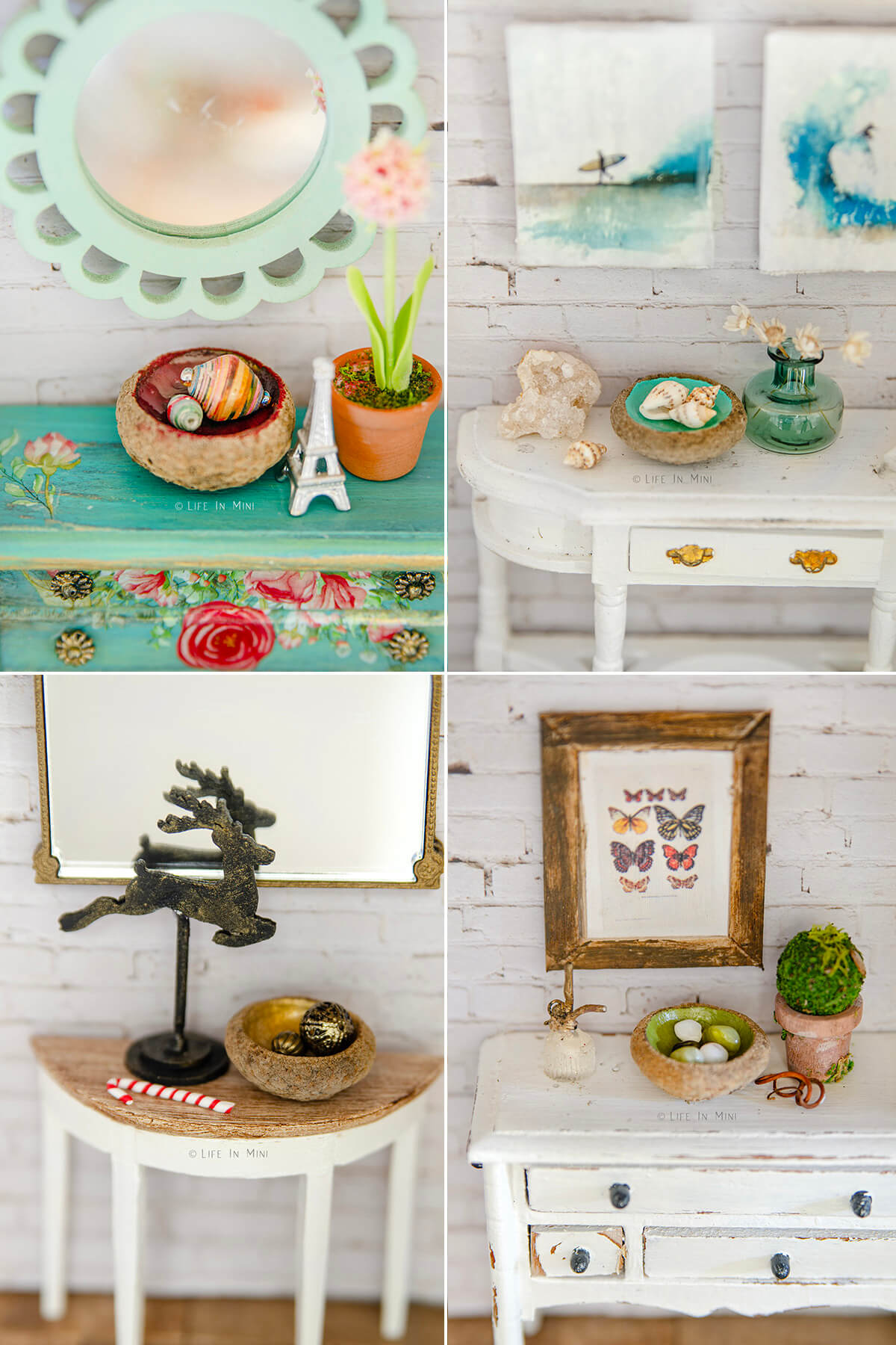 Collage of four pictures showing closeups of various miniature accessories.