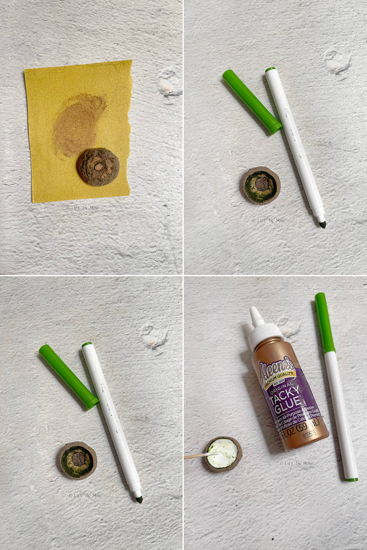 Collage of four pictures showing how to make miniature acorn bowls.