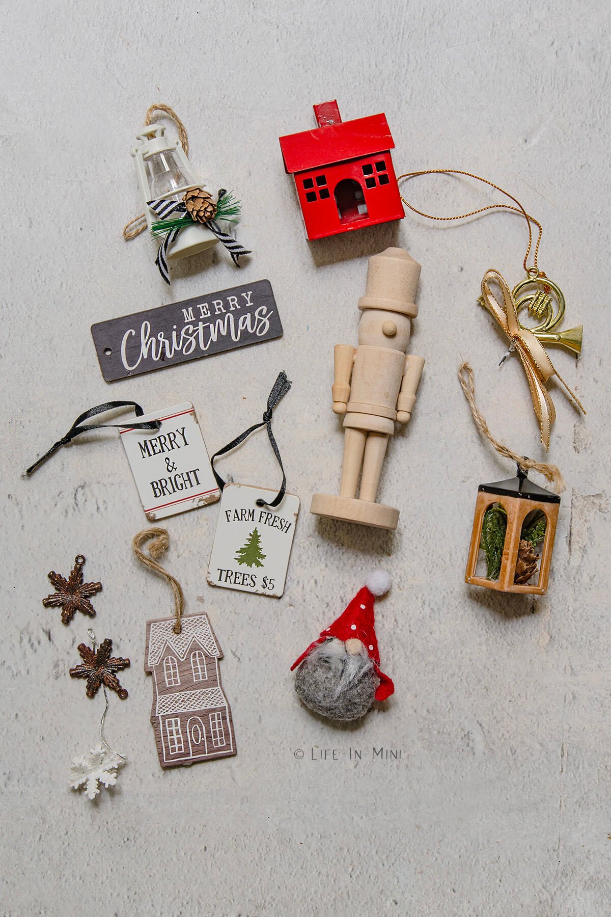 Assorted Christmas themed mini ornaments for small trees.