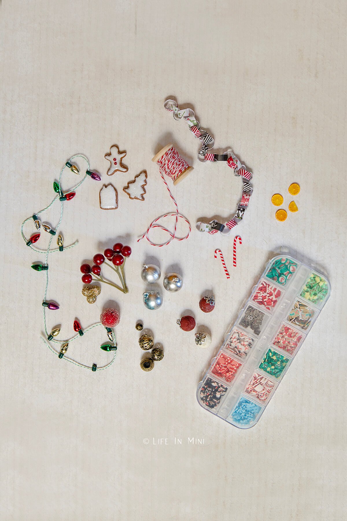 Various options of what you can use to decorate your dollhouse Christmas tree.