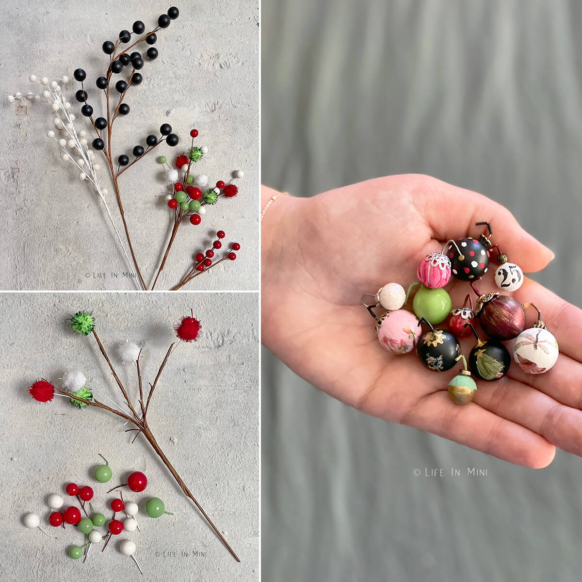 Collage of four pictures showing how to make miniature christmas ornaments.