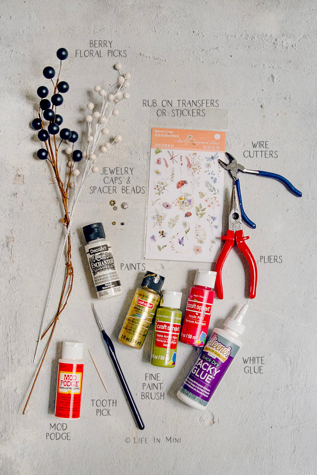 Supplies labeled and needed to make miniature ornaments using floral picks.