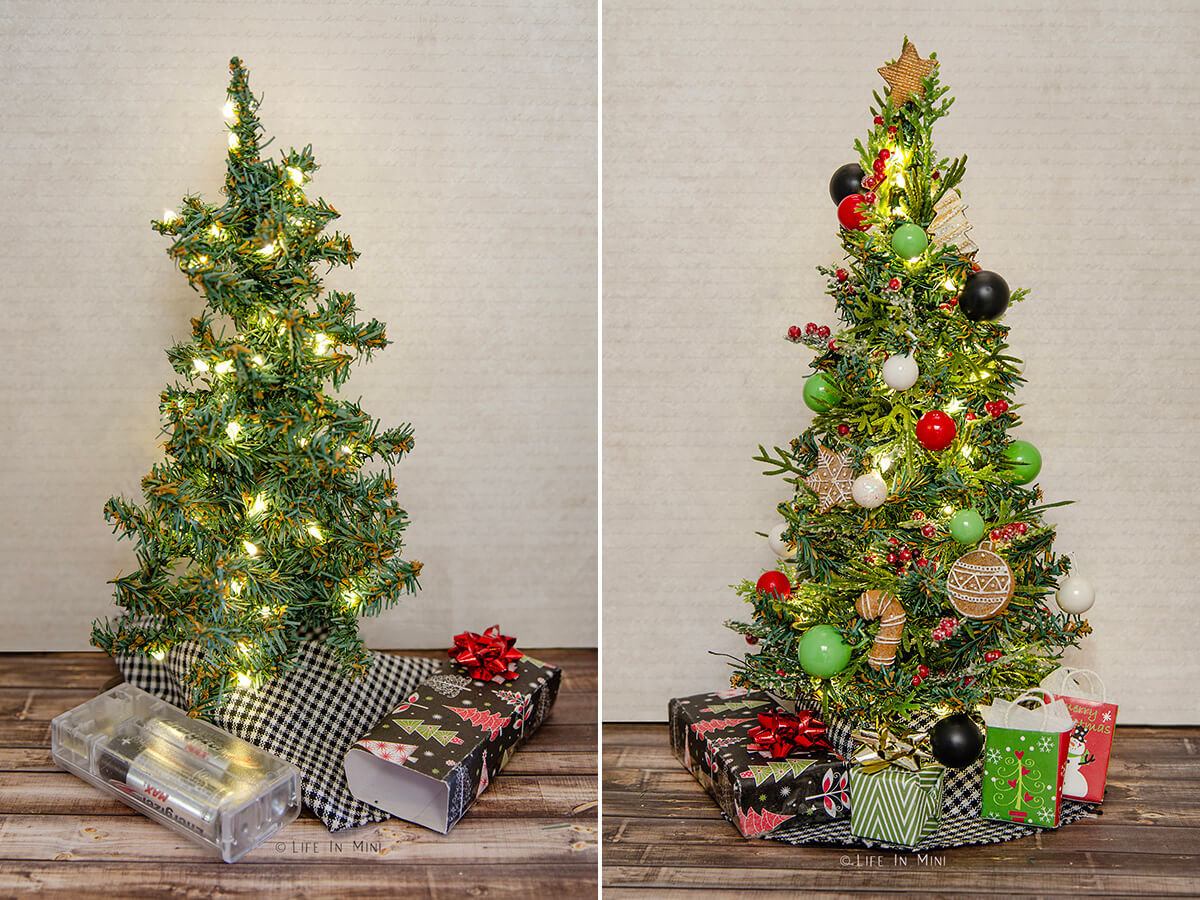 Two pictures showing a basic dollhouse Christmas tree and one fully decorated.