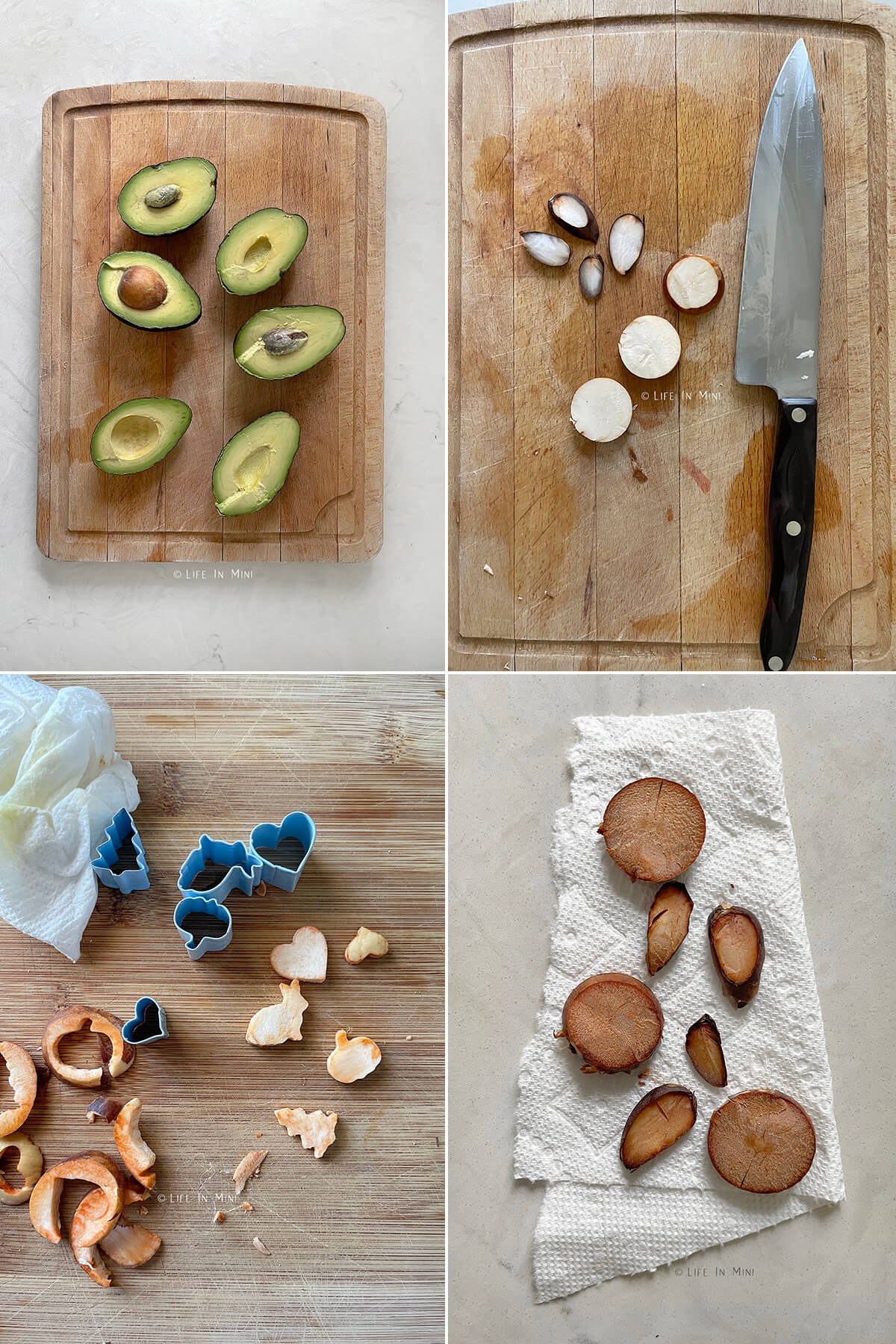 Collage of four images showing how to cut slices and shapes from an avocado pit.