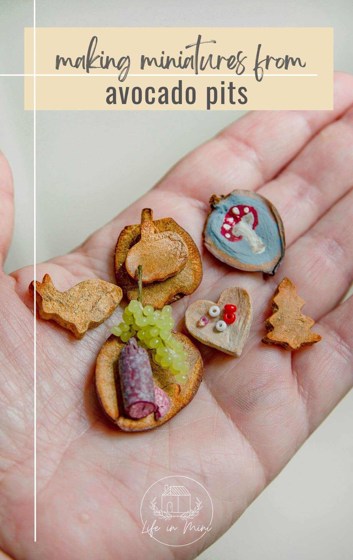 Pinterest image for miniatures made from avocado pits.
